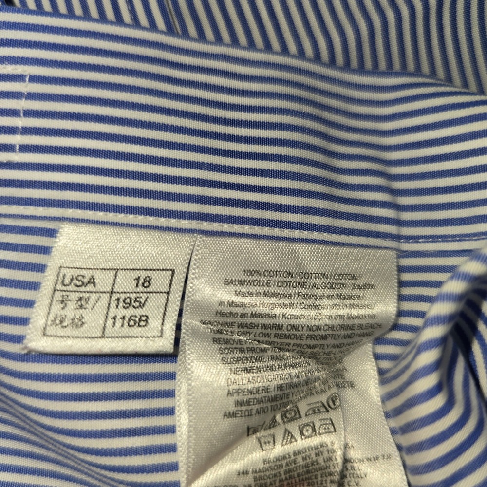 Brooks Brothers Dress Shirt 18-36 Mens Blue Striped Slim Fit Non-Iron Cotton - Picture 8 of 10